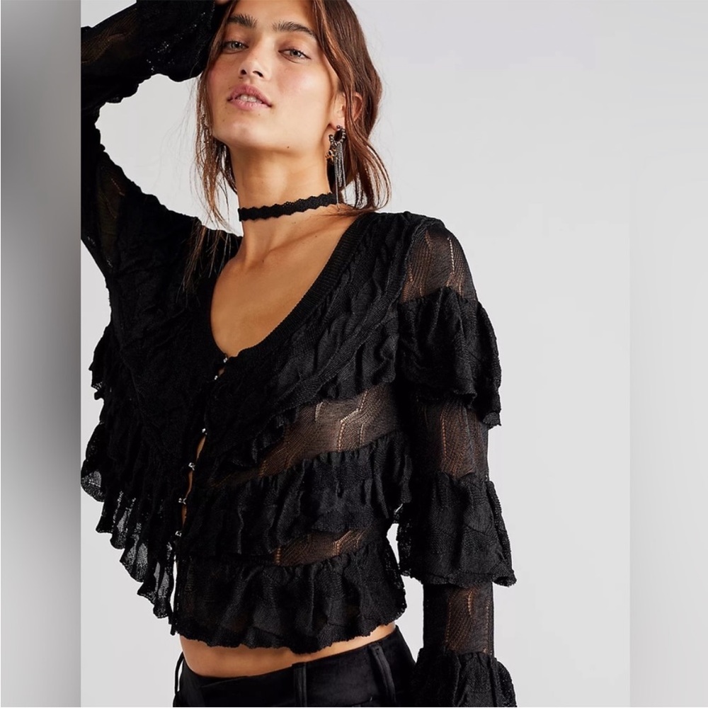 Free people ruffle Cardi XS Black NWOT